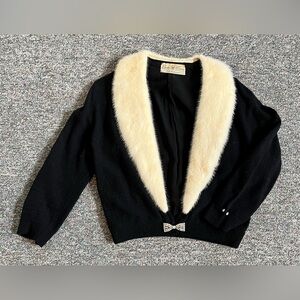 Vintage Cashmere Black Sweater with Removable Fur Collar